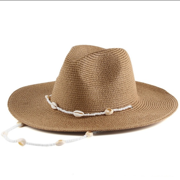 None Accessories - Stylish Tan Straw Hat with Shell Accents